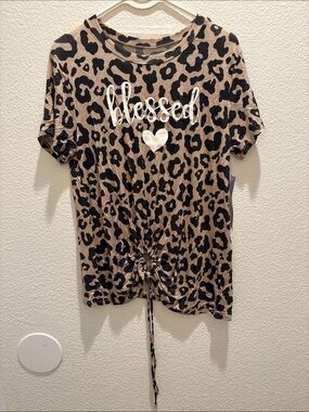 "Blessed" Leopard Print Short Sleeve Tee - Tan/Black